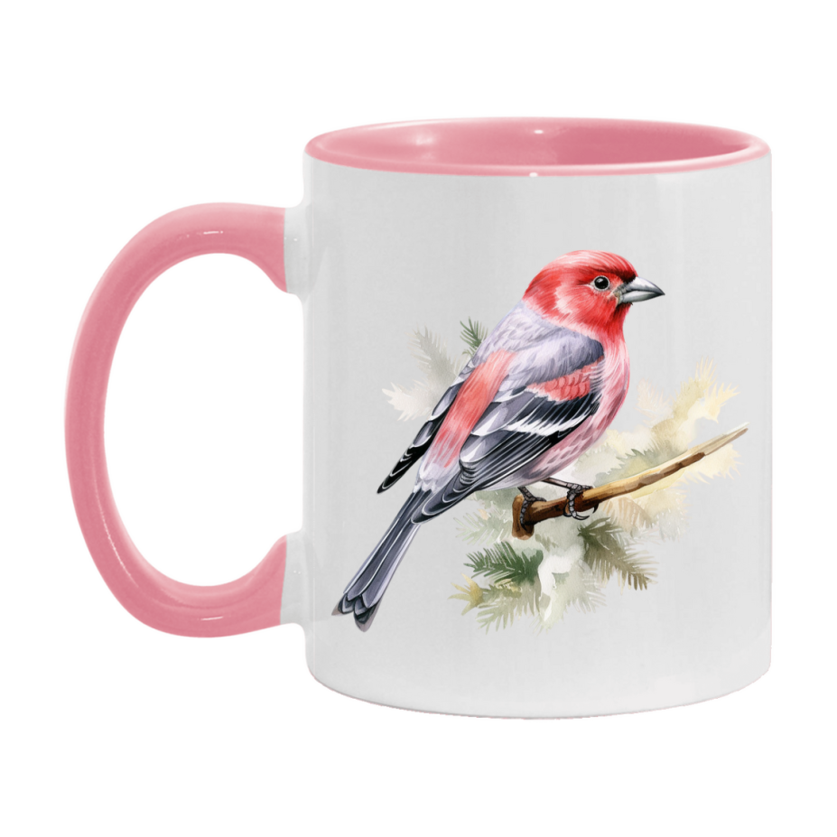 Bird Watching Mug, Pine Grosbeak Song Bird Mug, 11oz or 15oz White Ceramic Coffee Mug Gift for Bird Watchers