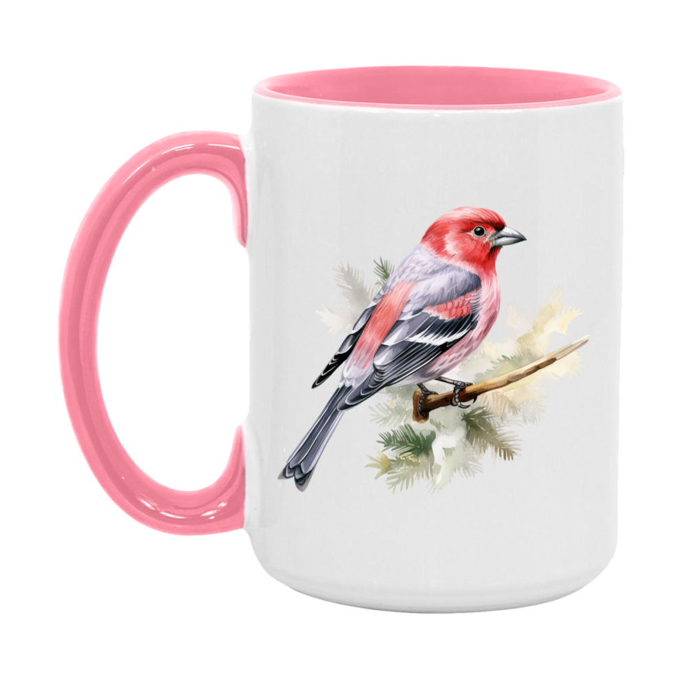 Bird Watching Mug, Pine Grosbeak Song Bird Mug, 11oz or 15oz White Ceramic Coffee Mug Gift for Bird Watchers