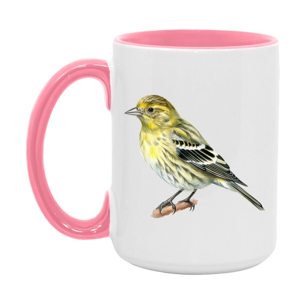 Bird Watching Mug, Pine Siskin Song Bird Mug, 11oz or 15oz White Ceramic Coffee Mug Gift for Bird Watchers