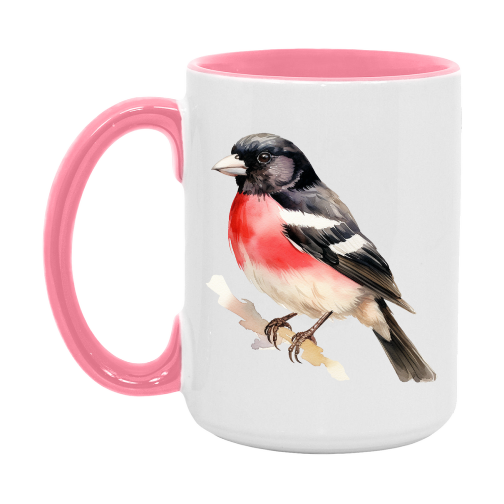 Bird Watching Mug, Rose Breasted Grosbeak Song Bird Mug, 11oz or 15oz White Ceramic Coffee Mug Gift for Bird Watchers