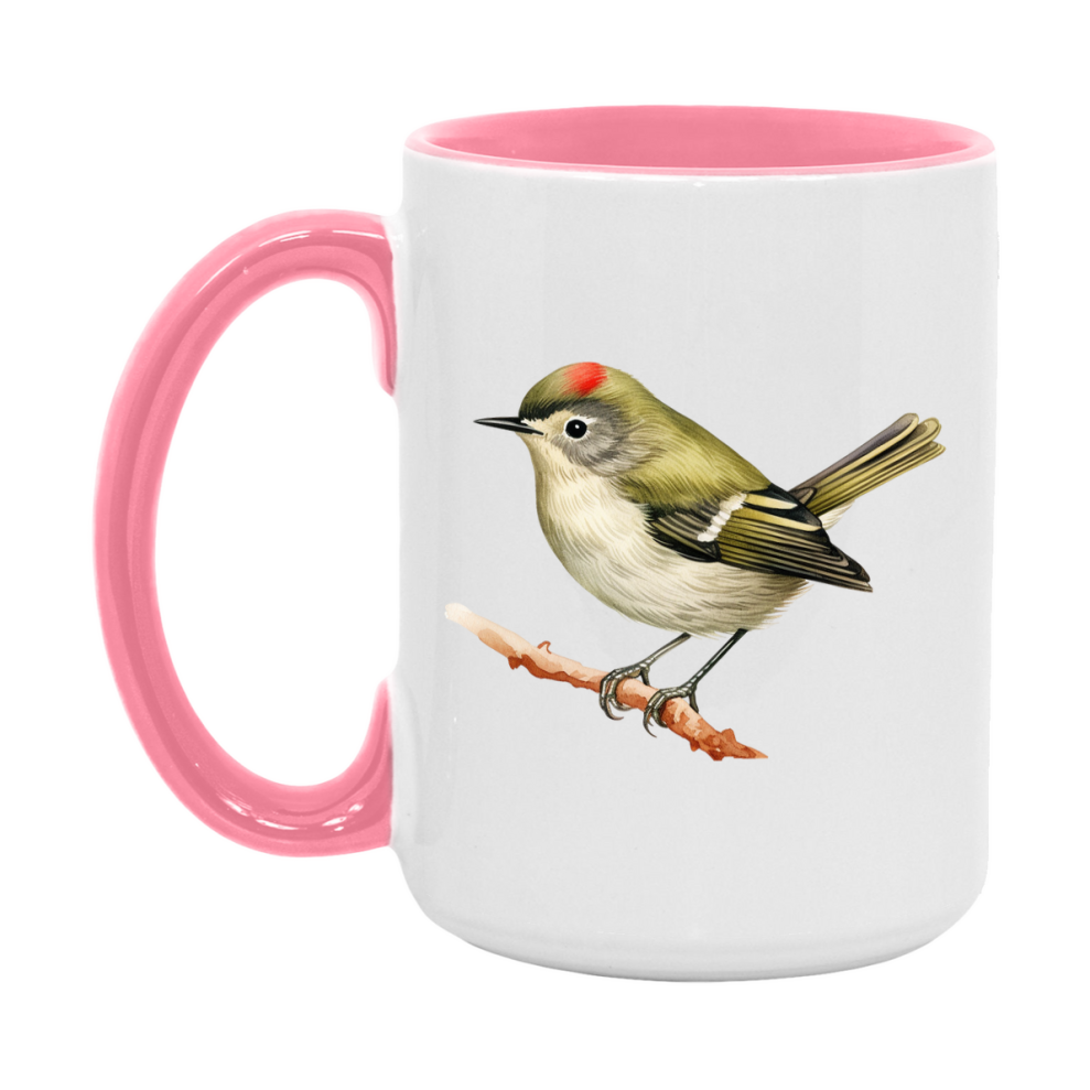 Bird Watching Mug, Ruby Crowned Kinglet Song Bird Mug, 11oz or 15oz White Ceramic Coffee Mug Gift for Bird Watchers