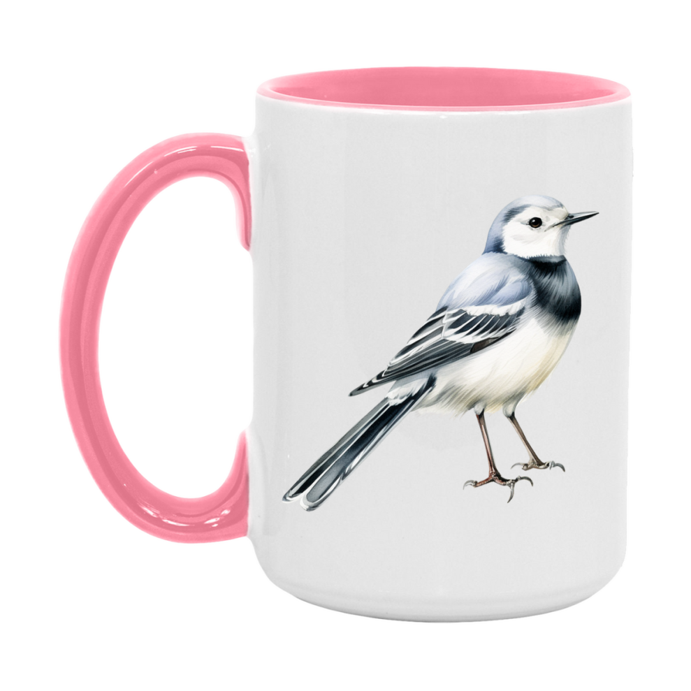 Bird Watching Mug, White Wagtail Song Bird Mug, 11oz or 15oz White Ceramic Coffee Mug Gift for Bird Watchers