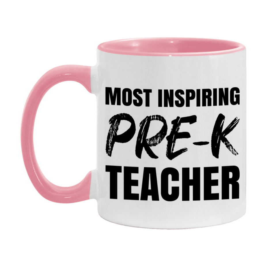 Teacher Superlative Mug, Most Inspiring Pre-K Teacher Gift, 11oz or 15oz White Ceramic Coffee Cup, Gift for Pre-K Teacher