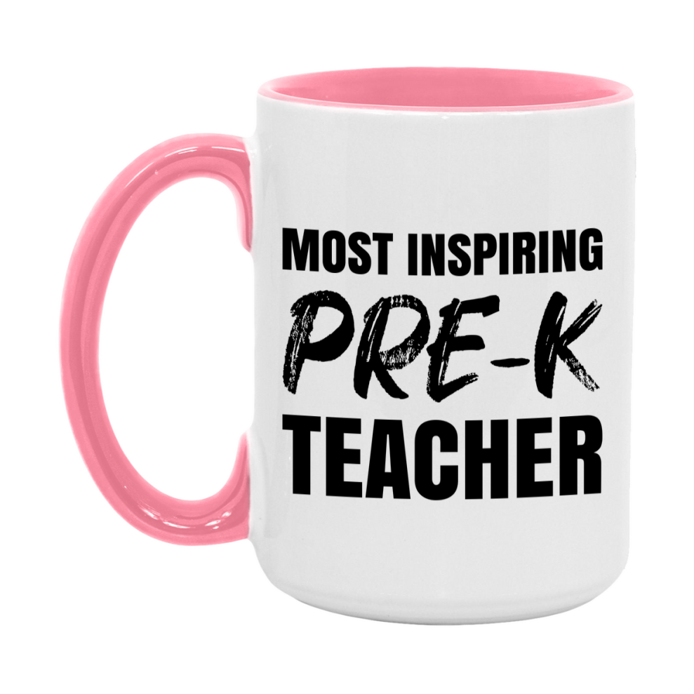 Teacher Superlative Mug, Most Inspiring Pre-K Teacher Gift, 11oz or 15oz White Ceramic Coffee Cup, Gift for Pre-K Teacher