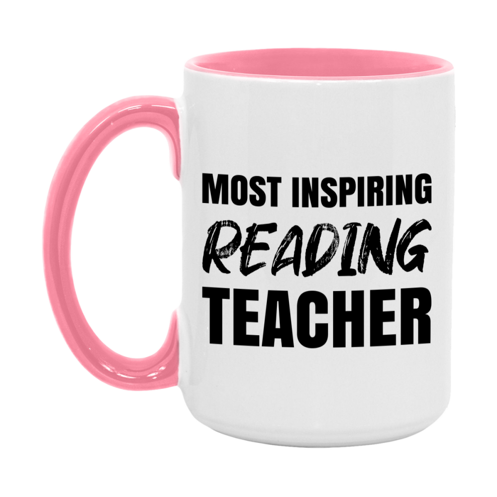 Teacher Superlative Mug, Most Inspiring Reading Teacher Gift, 11oz or 15oz White Ceramic Coffee Cup, Gift for Reading Teacher