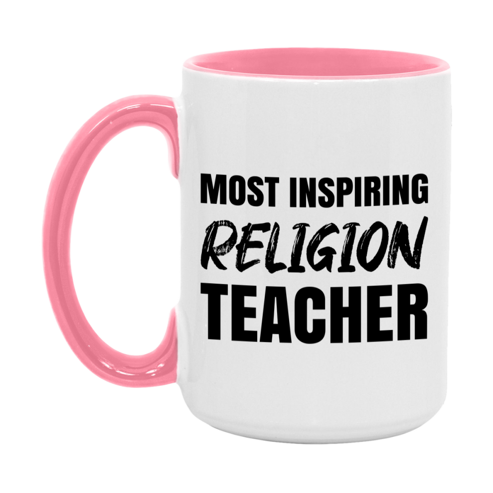 Teacher Superlative Mug, Most Inspiring Religion Teacher Gift, 11oz or 15oz White Ceramic Coffee Cup, Gift for Religion Teacher