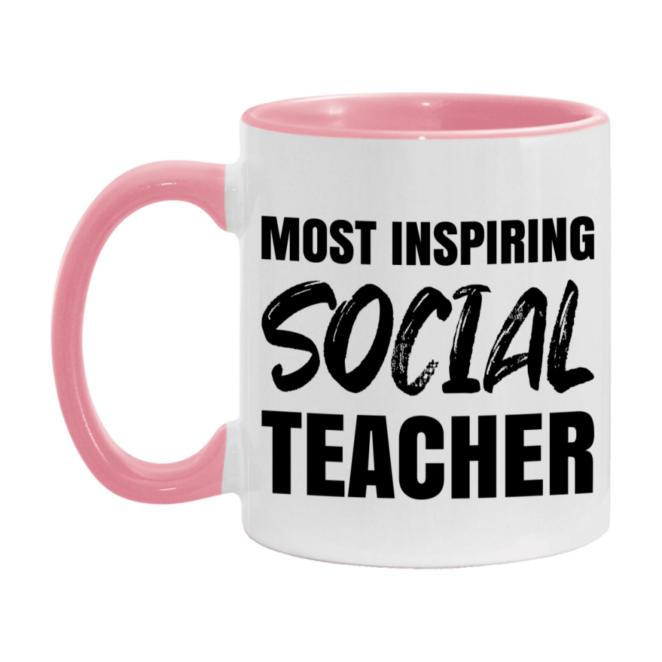 Teacher Superlative Mug, Most Inspiring Social Teacher Gift, 11oz or 15oz White Ceramic Coffee Cup, Gift for Social Teacher