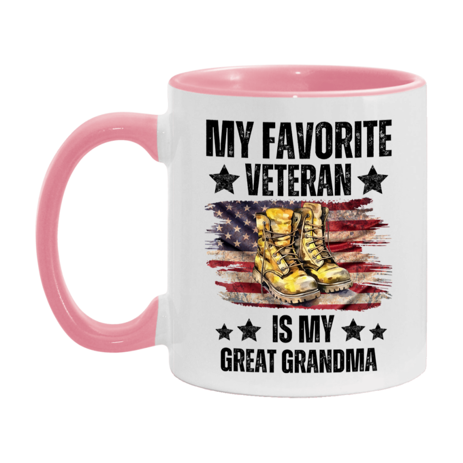 Veteran Gift Mug, My Favorite Veteran Is My Great Grandma, 11oz or 15oz Ceramic Coffee Cup Gift for Great Grandma