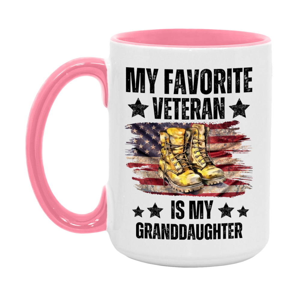 Veteran Gift Mug, My Favorite Veteran Is My Granddaughter, 11oz or 15oz Ceramic Coffee Cup Gift for Granddaughter