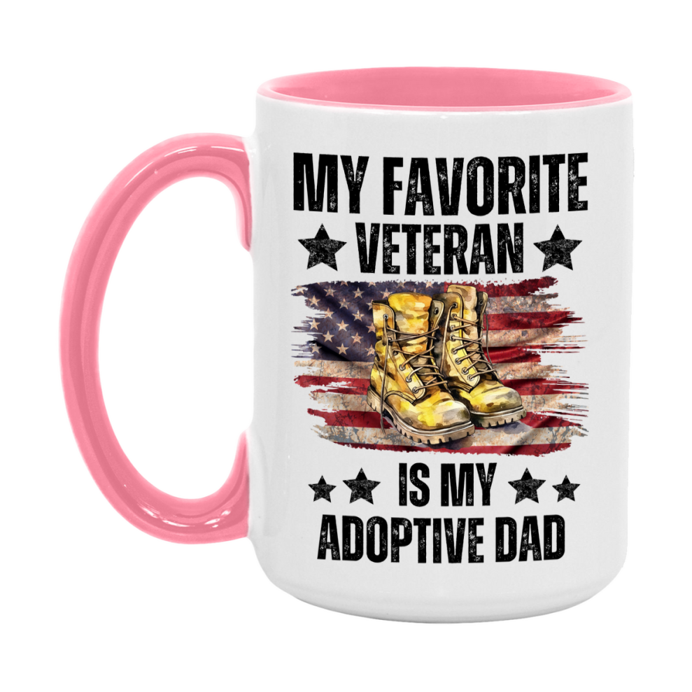 Veteran Gift Mug, My Favorite Veteran Is My Adoptive Dad, 11oz or 15oz Ceramic Coffee Cup Gift for Adoptive Dad