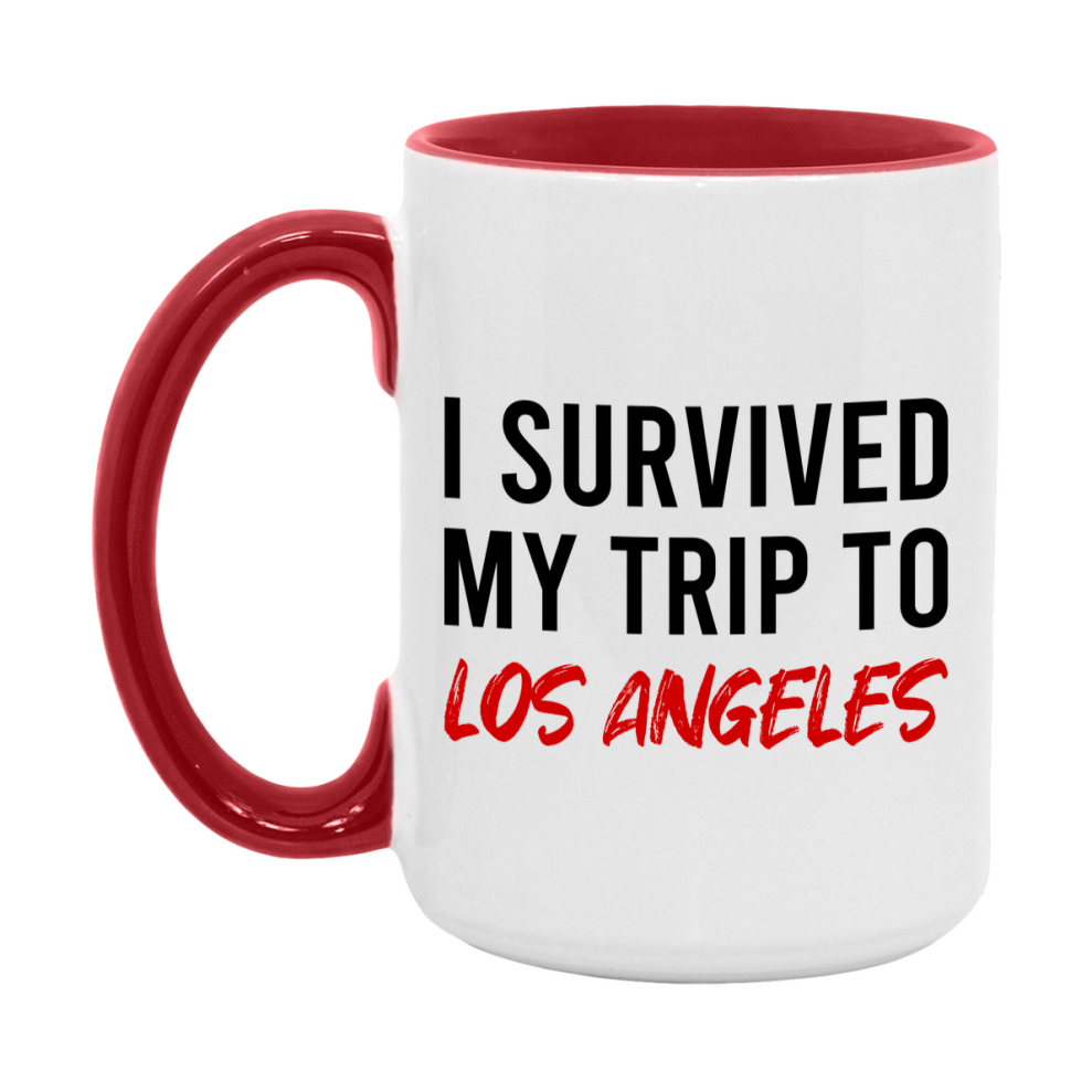 Funny Travel Mug – I Survived My Trip to Los Angeles, 11oz or 15oz White Ceramic Coffee Mug, Novelty Travel Gift