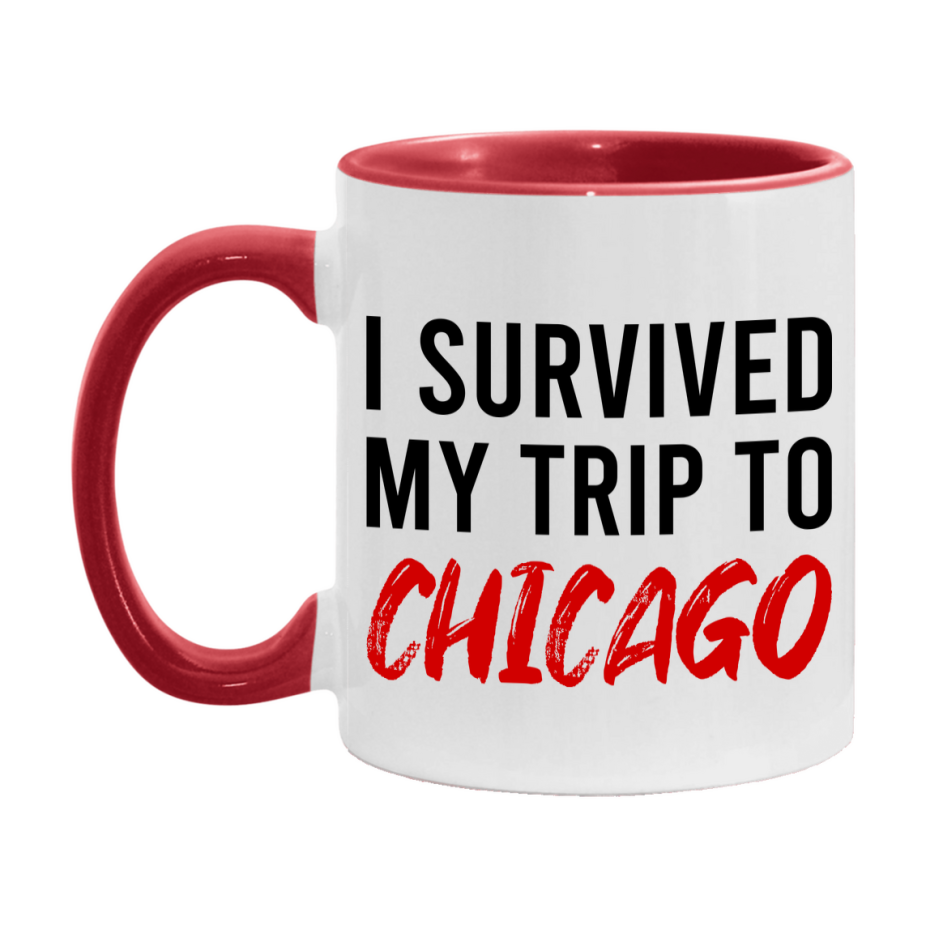 Funny Travel Mug – I Survived My Trip to Chicago, 11oz or 15oz White Ceramic Coffee Mug, Novelty Travel Gift