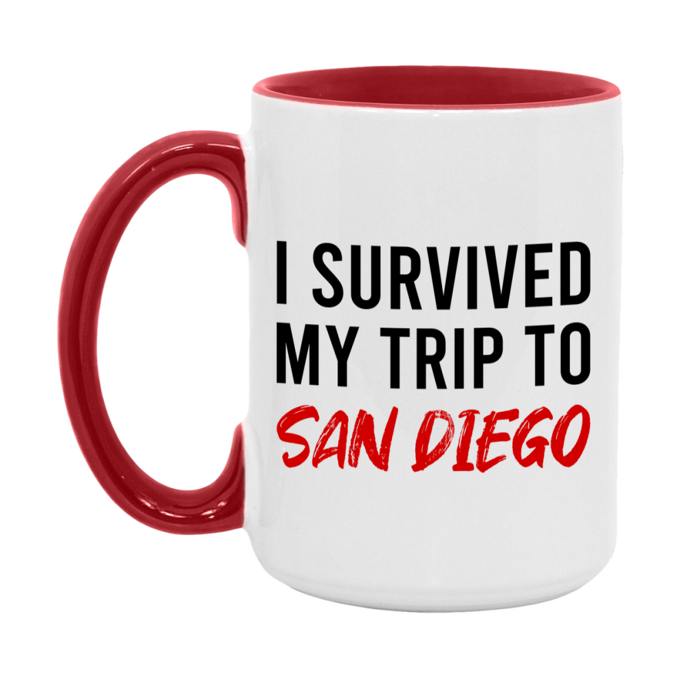 Funny Travel Mug – I Survived My Trip to San Diego, 11oz or 15oz White Ceramic Coffee Mug, Novelty Travel Gift