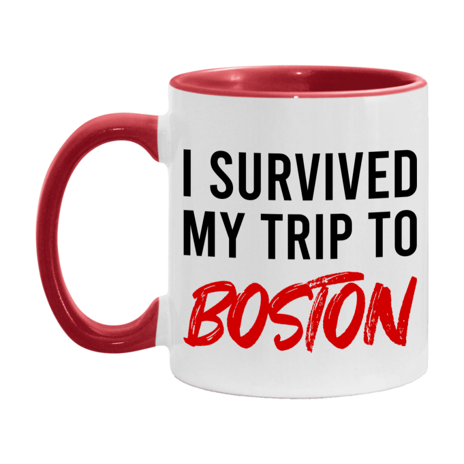 Funny Travel Mug – I Survived My Trip to Boston, 11oz or 15oz White Ceramic Coffee Mug, Novelty Travel Gift