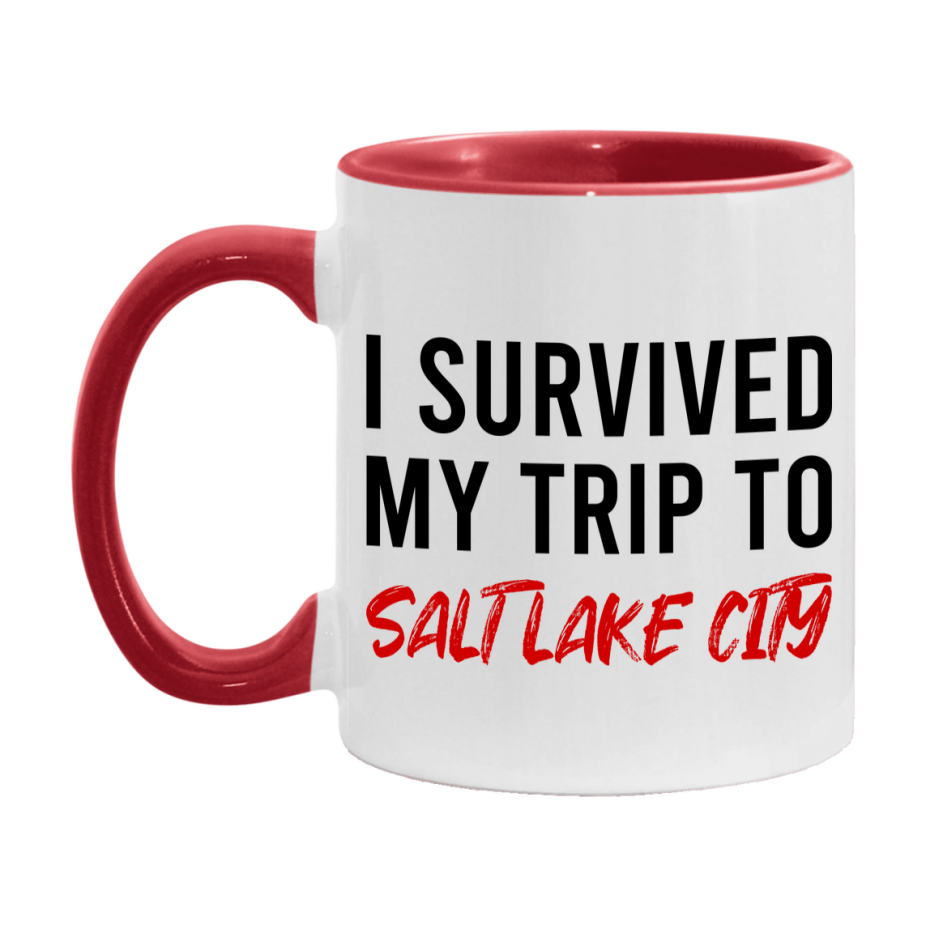 Funny Travel Mug – I Survived My Trip to Salt Lake Salt Lake City, 11oz or 15oz White Ceramic Coffee Mug, Novelty Travel Gift