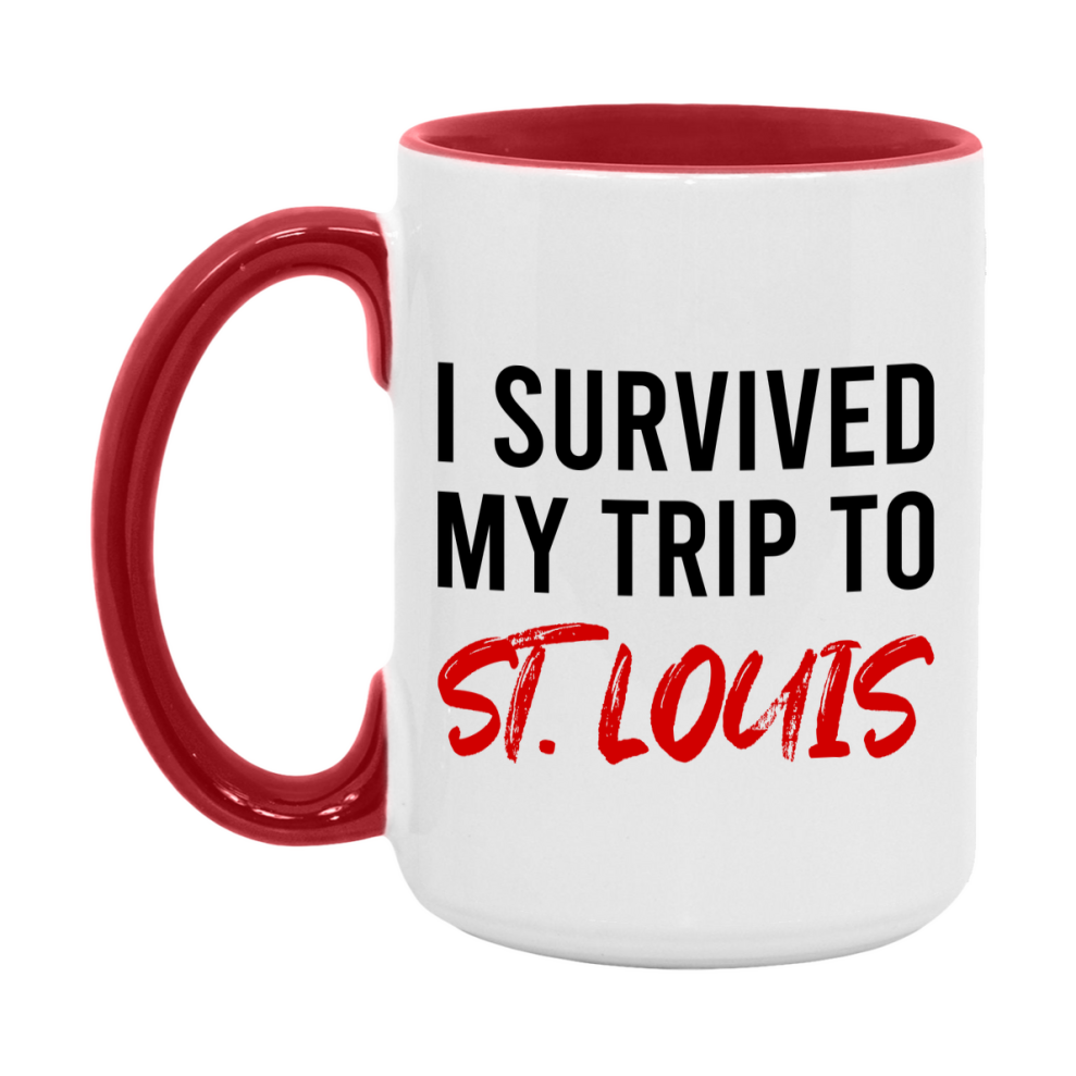 Funny Travel Mug – I Survived My Trip to St. Louis, 11oz or 15oz White Ceramic Coffee Mug, Novelty Travel Gift