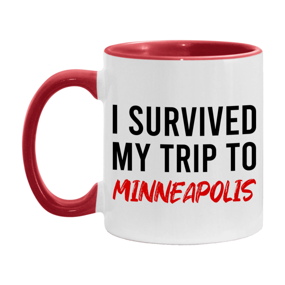 Funny Travel Mug – I Survived My Trip to Minneapolis, 11oz or 15oz White Ceramic Coffee Mug, Novelty Travel Gift
