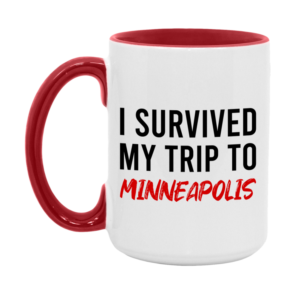 Funny Travel Mug – I Survived My Trip to Minneapolis, 11oz or 15oz White Ceramic Coffee Mug, Novelty Travel Gift