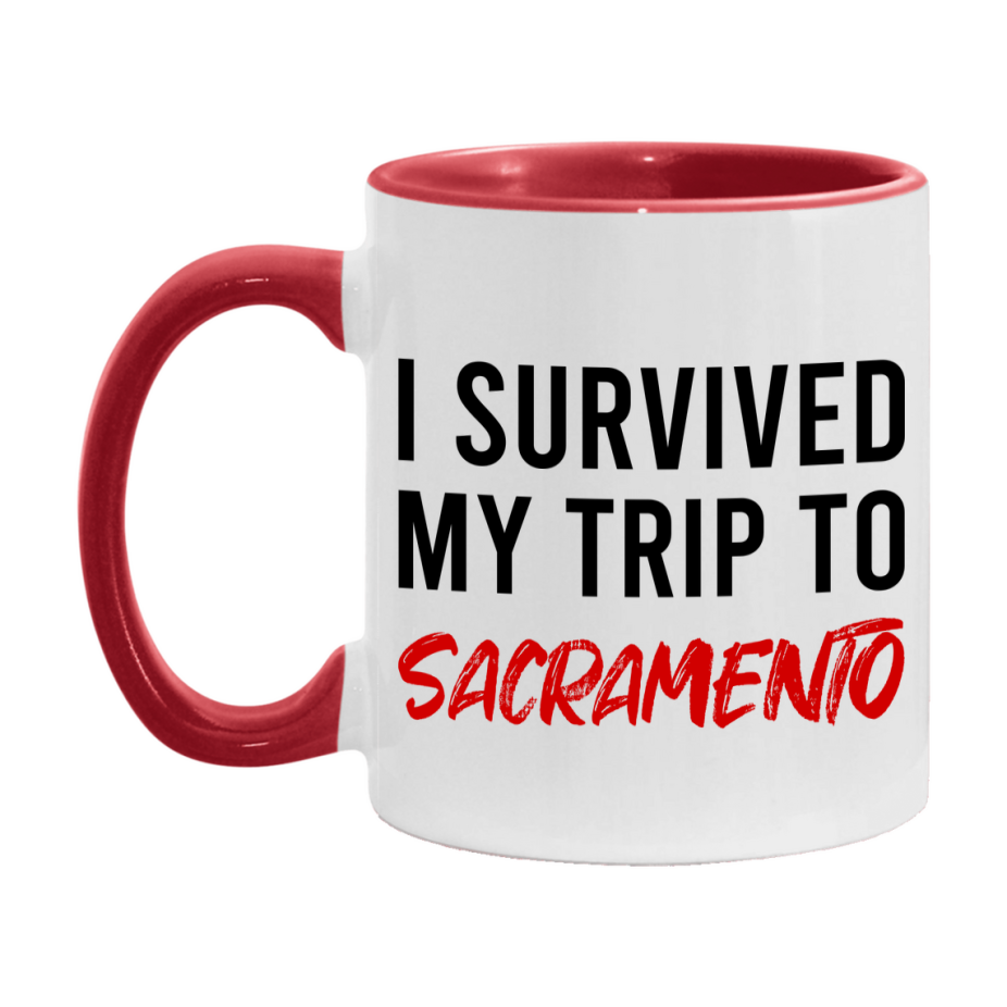 Funny Travel Mug – I Survived My Trip to Sacramento, 11oz or 15oz White Ceramic Coffee Mug, Novelty Travel Gift