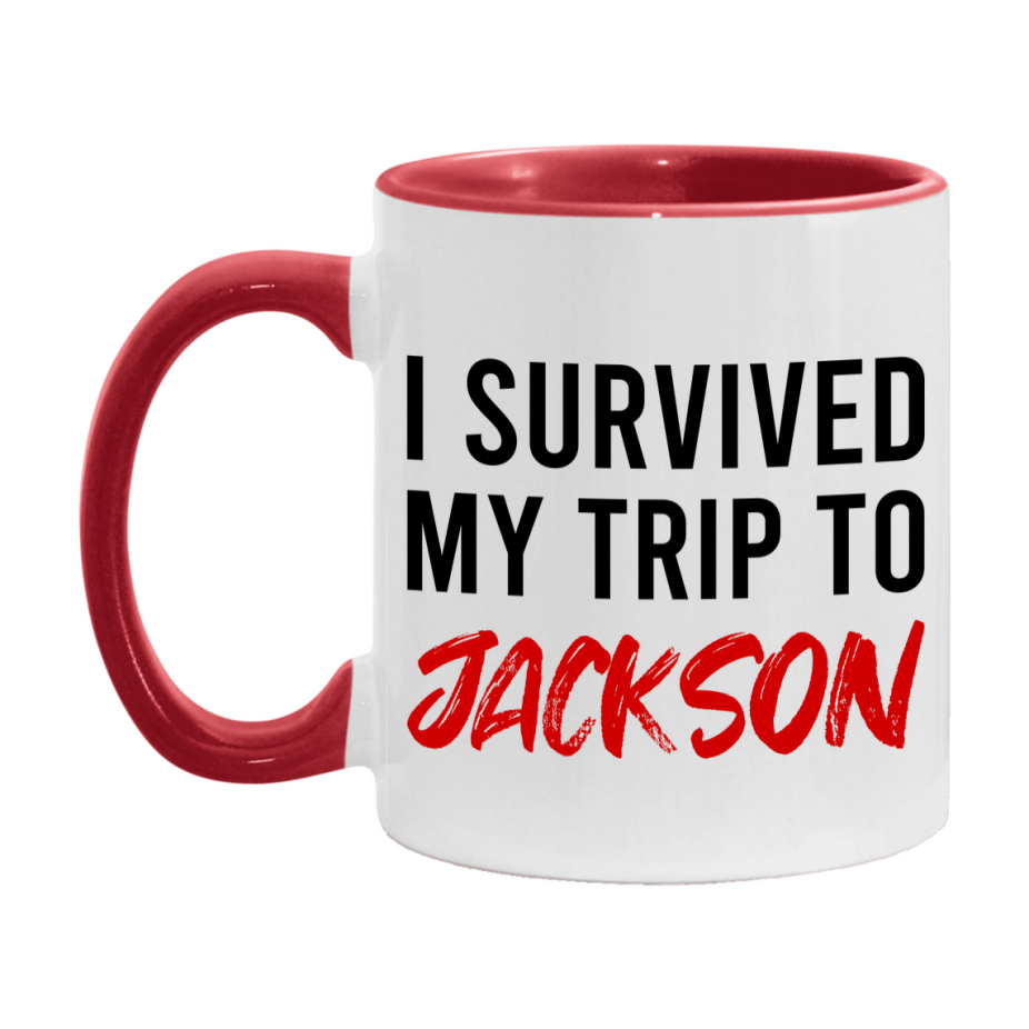 Funny Travel Mug – I Survived My Trip to Jackson, 11oz or 15oz White Ceramic Coffee Mug, Novelty Travel Gift