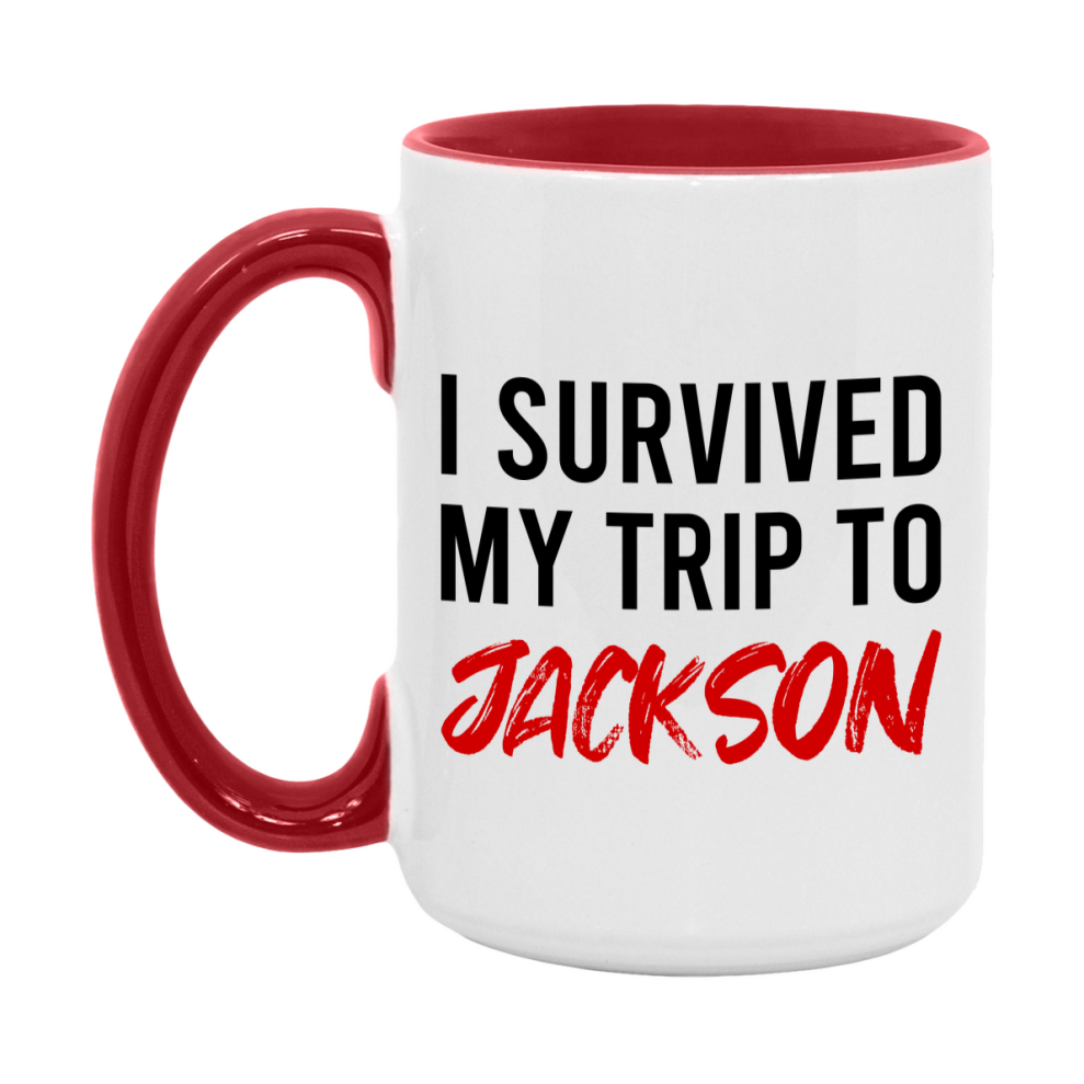 Funny Travel Mug – I Survived My Trip to Jackson, 11oz or 15oz White Ceramic Coffee Mug, Novelty Travel Gift