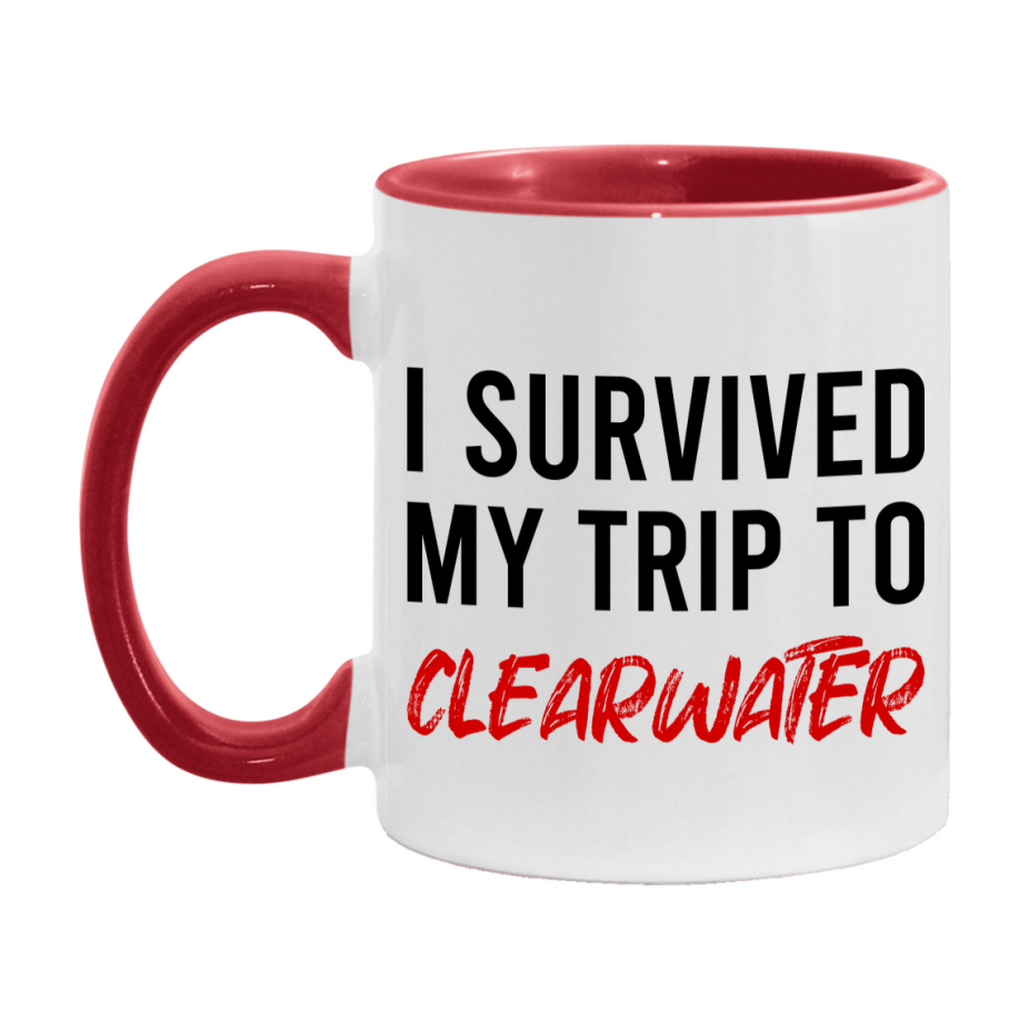 Funny Travel Mug – I Survived My Trip to Clearwater, 11oz or 15oz White Ceramic Coffee Mug, Novelty Travel Gift