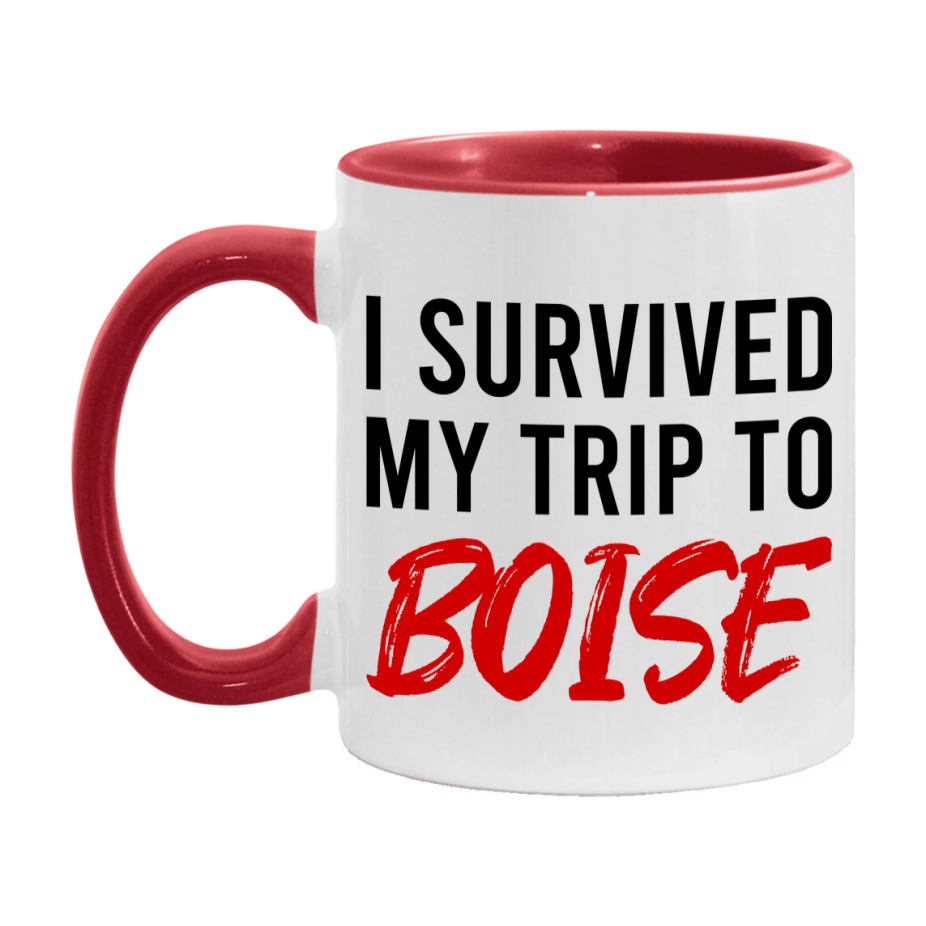 Funny Travel Mug – I Survived My Trip to Boise, 11oz or 15oz White Ceramic Coffee Mug, Novelty Travel Gift
