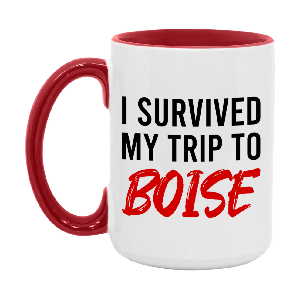 Funny Travel Mug – I Survived My Trip to Boise, 11oz or 15oz White Ceramic Coffee Mug, Novelty Travel Gift
