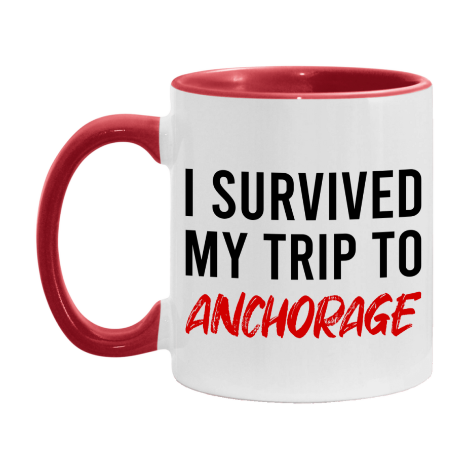 Funny Travel Mug – I Survived My Trip to Anchorage, 11oz or 15oz White Ceramic Coffee Mug, Novelty Travel Gift
