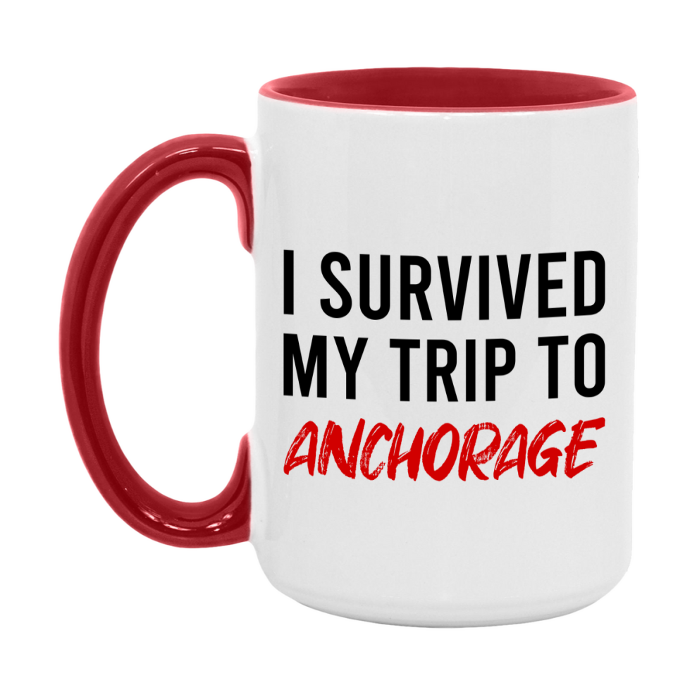 Funny Travel Mug – I Survived My Trip to Anchorage, 11oz or 15oz White Ceramic Coffee Mug, Novelty Travel Gift