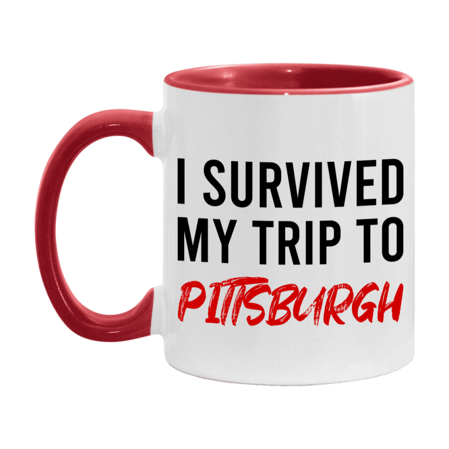 Funny Travel Mug – I Survived My Trip to Pittsburgh, 11oz or 15oz White Ceramic Coffee Mug, Novelty Travel Gift