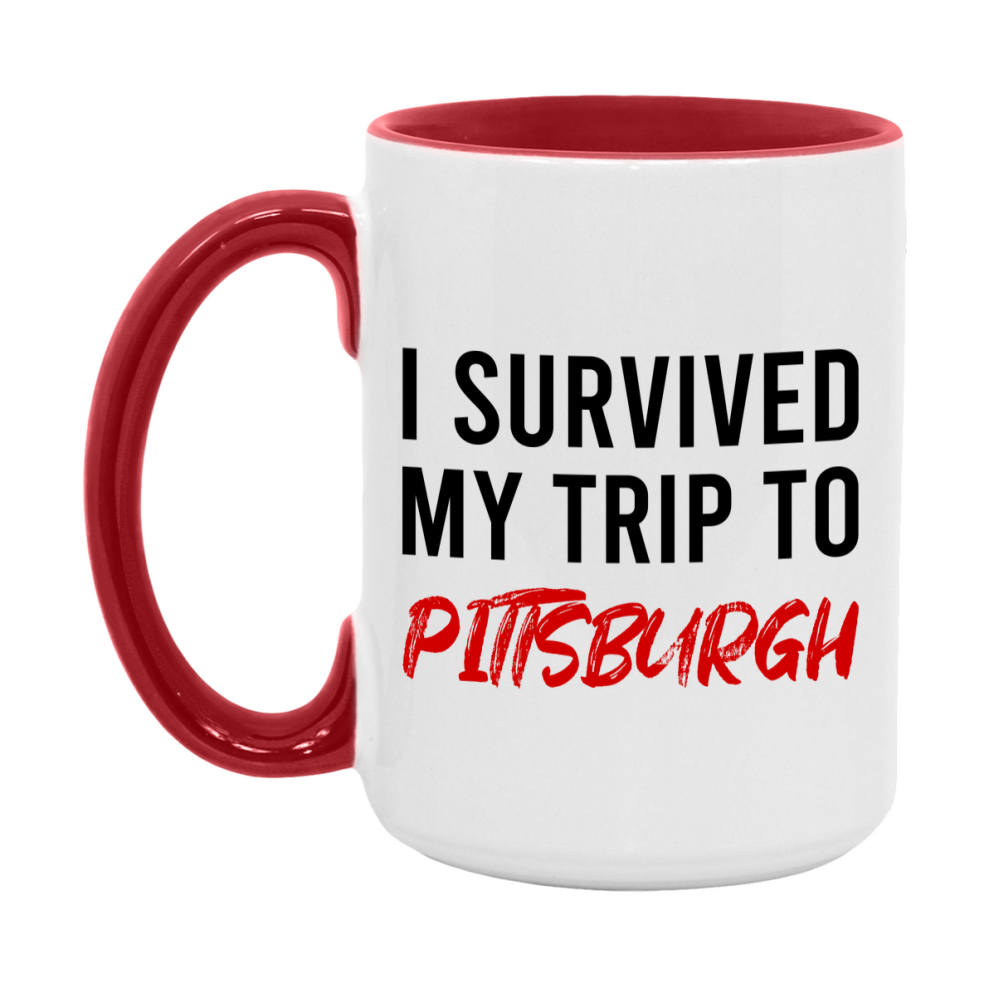 Funny Travel Mug – I Survived My Trip to Pittsburgh, 11oz or 15oz White Ceramic Coffee Mug, Novelty Travel Gift