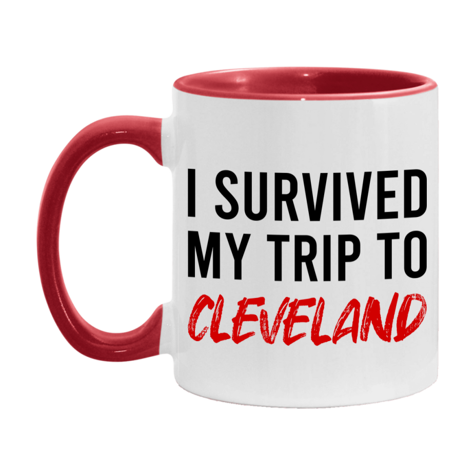 Funny Travel Mug – I Survived My Trip to Cleveland, 11oz or 15oz White Ceramic Coffee Mug, Novelty Travel Gift