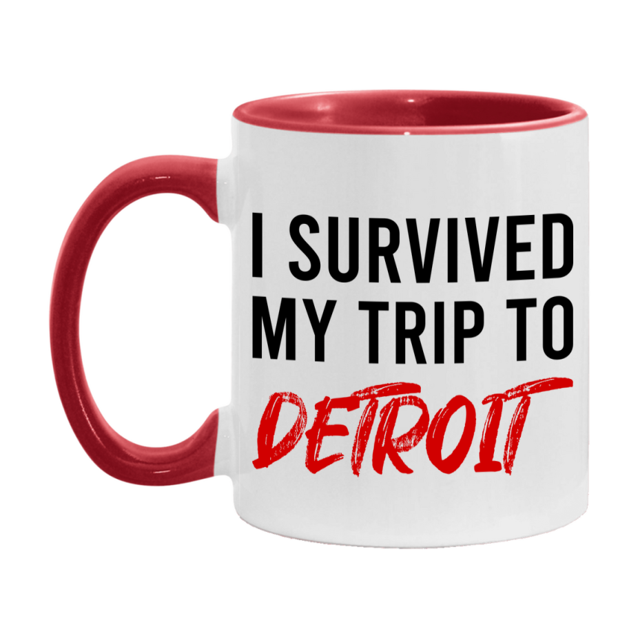 Funny Travel Mug – I Survived My Trip to Detroit, 11oz or 15oz White Ceramic Coffee Mug, Novelty Travel Gift