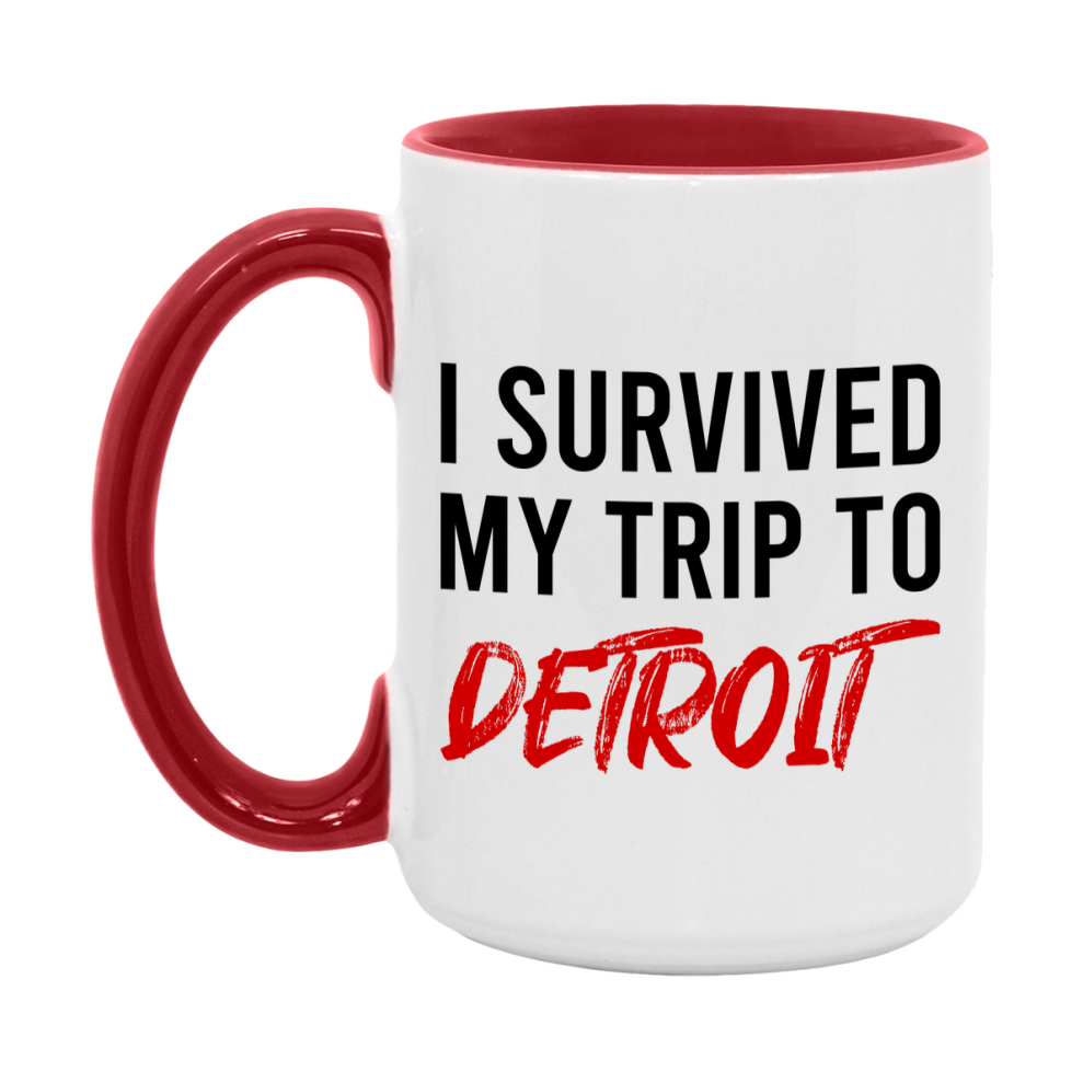 Funny Travel Mug – I Survived My Trip to Detroit, 11oz or 15oz White Ceramic Coffee Mug, Novelty Travel Gift