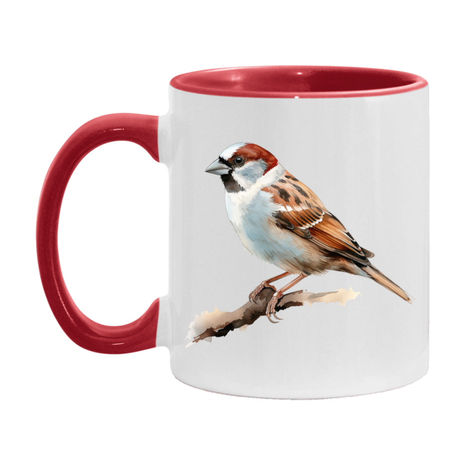 Bird Watching Mug, House Sparrow Song Bird Mug, 11oz or 15oz White Ceramic Coffee Mug Gift for Bird Watchers