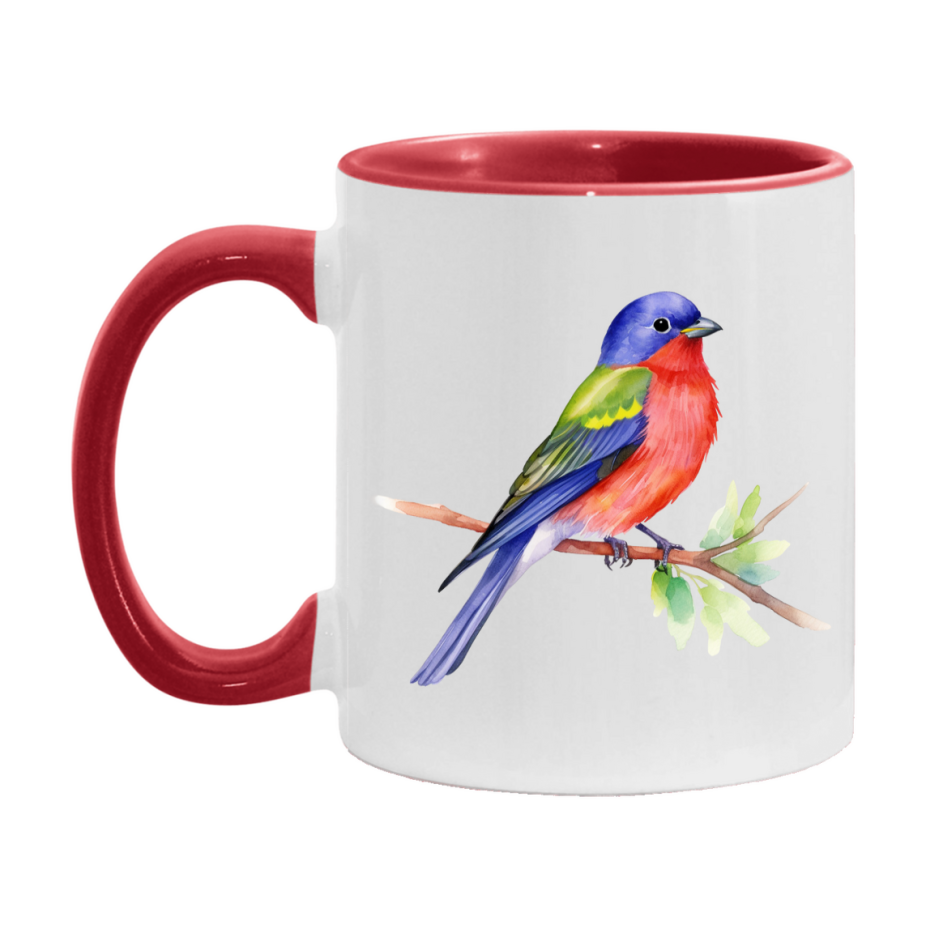 Bird Watching Mug, Painted Bunting Song Bird Mug, 11oz or 15oz White Ceramic Coffee Mug Gift for Bird Watchers