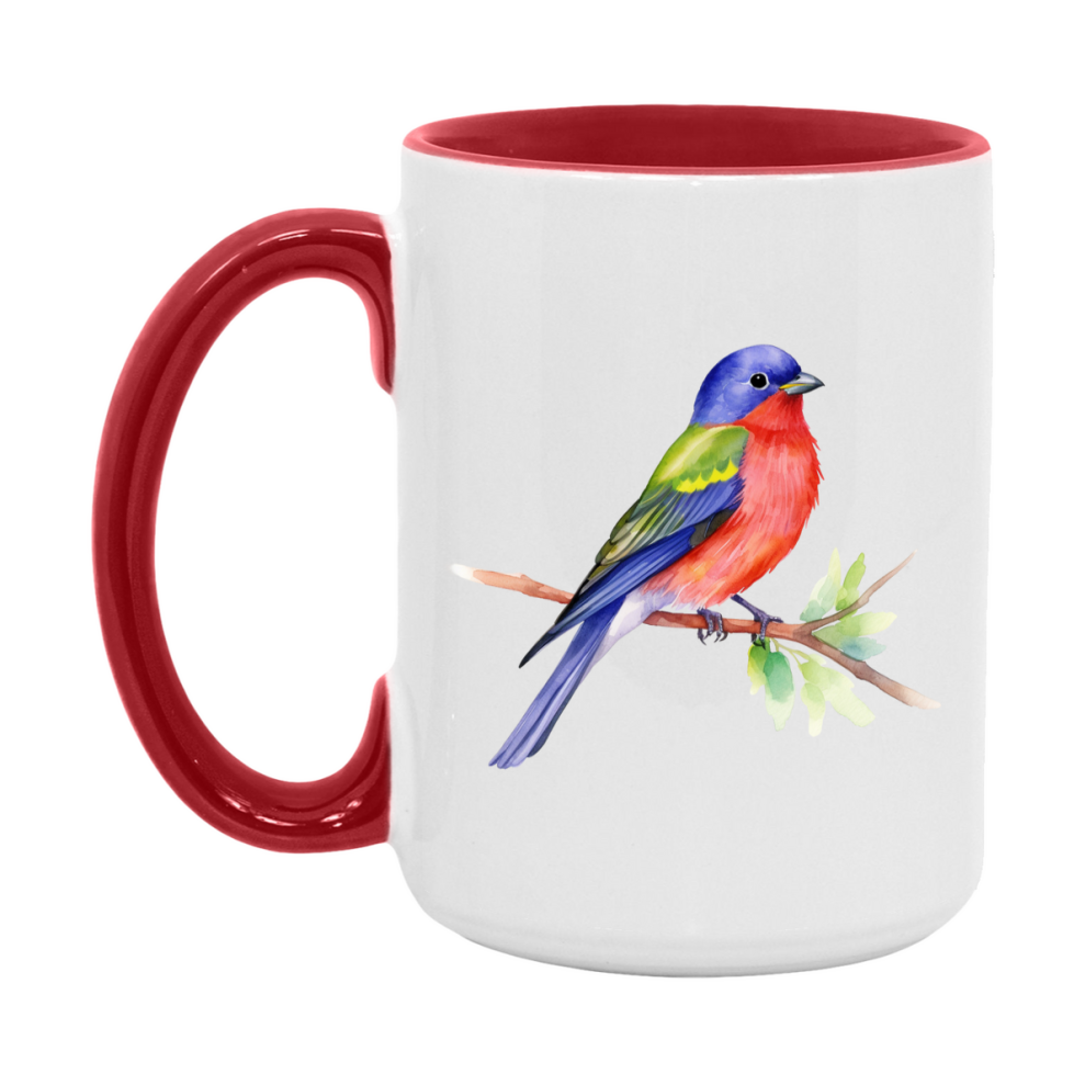 Bird Watching Mug, Painted Bunting Song Bird Mug, 11oz or 15oz White Ceramic Coffee Mug Gift for Bird Watchers