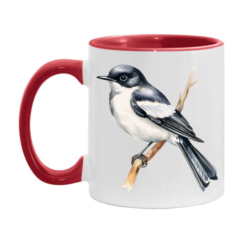 Bird Watching Mug, Pied Flycatcher Song Bird Mug, 11oz or 15oz White Ceramic Coffee Mug Gift for Bird Watchers