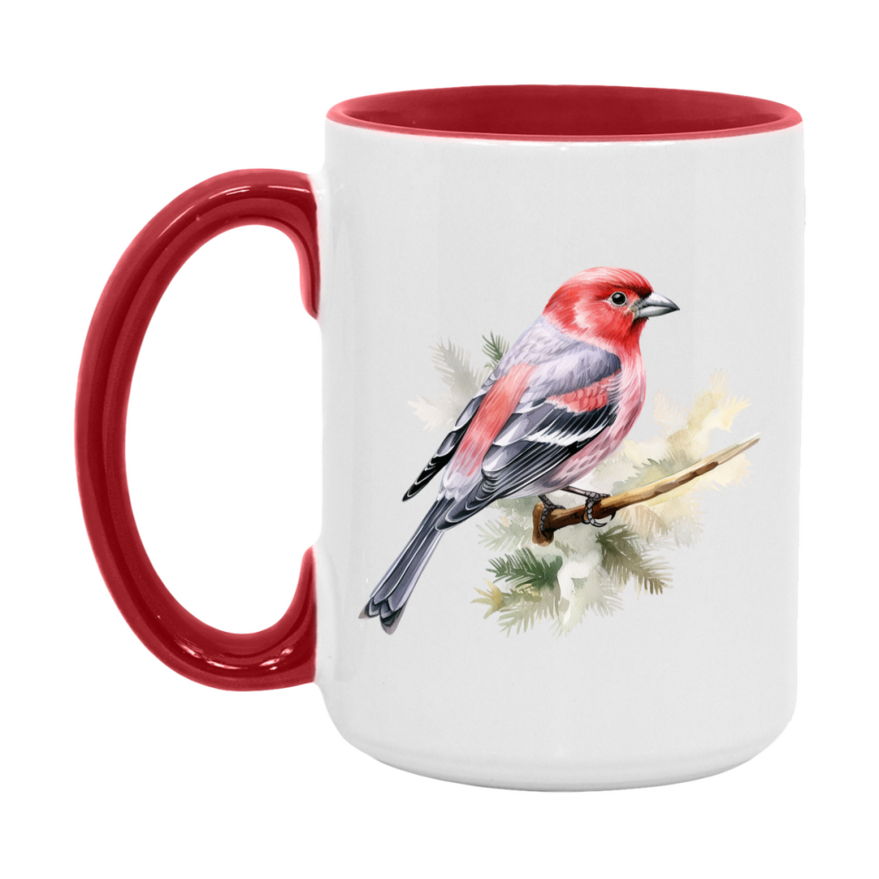 Bird Watching Mug, Pine Grosbeak Song Bird Mug, 11oz or 15oz White Ceramic Coffee Mug Gift for Bird Watchers