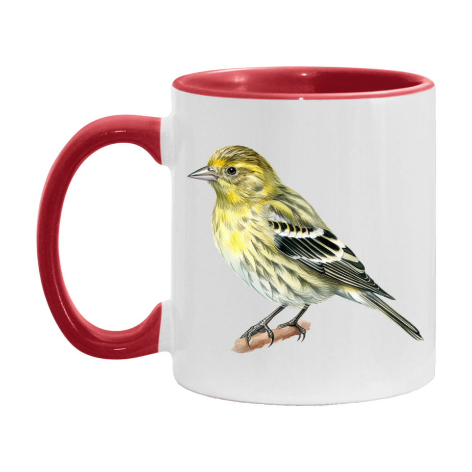 Bird Watching Mug, Pine Siskin Song Bird Mug, 11oz or 15oz White Ceramic Coffee Mug Gift for Bird Watchers