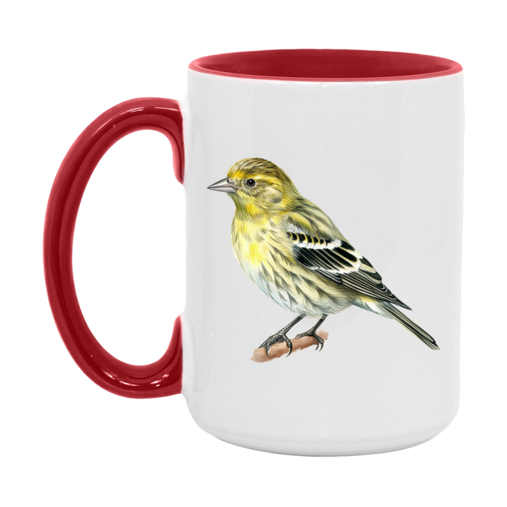 Bird Watching Mug, Pine Siskin Song Bird Mug, 11oz or 15oz White Ceramic Coffee Mug Gift for Bird Watchers