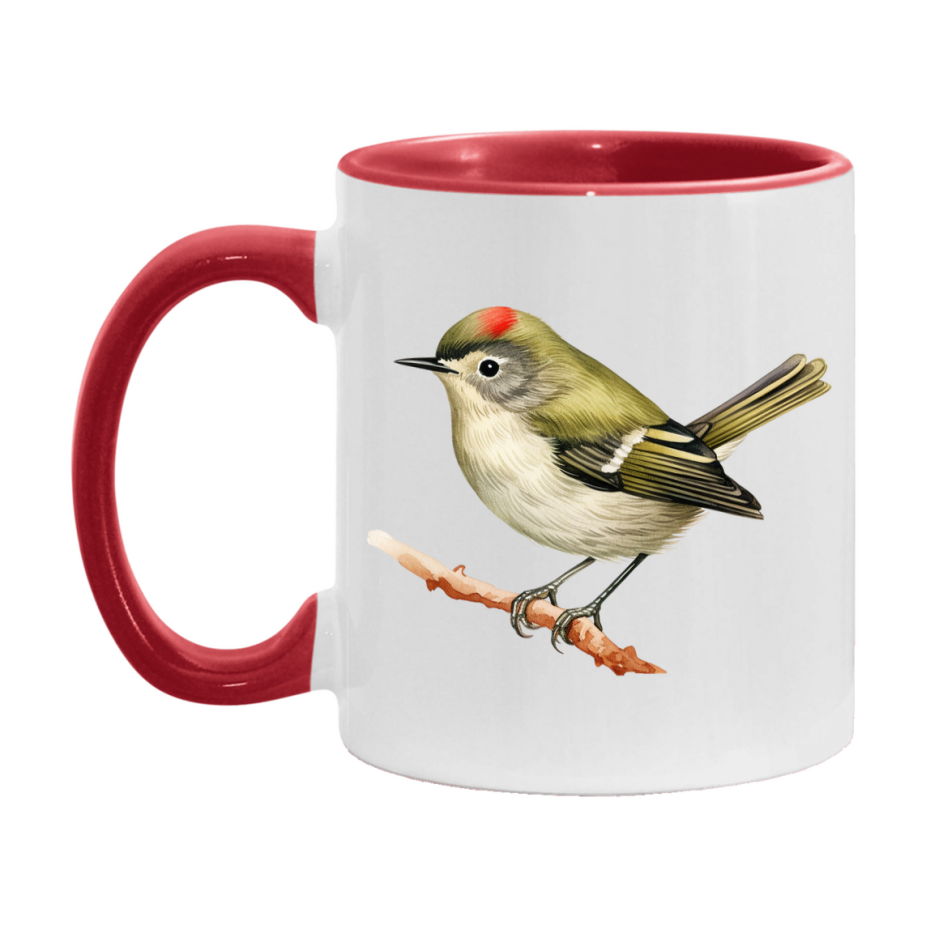 Bird Watching Mug, Ruby Crowned Kinglet Song Bird Mug, 11oz or 15oz White Ceramic Coffee Mug Gift for Bird Watchers