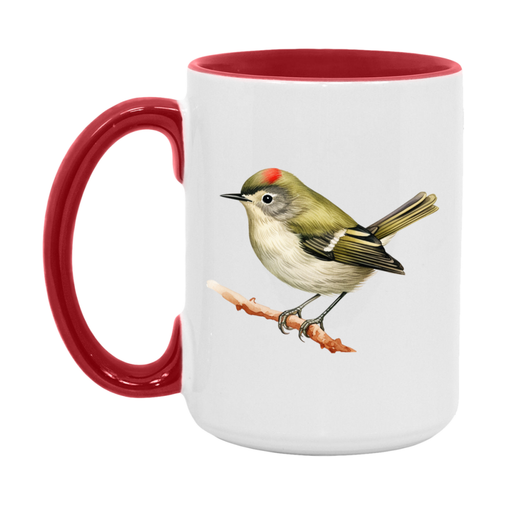Bird Watching Mug, Ruby Crowned Kinglet Song Bird Mug, 11oz or 15oz White Ceramic Coffee Mug Gift for Bird Watchers