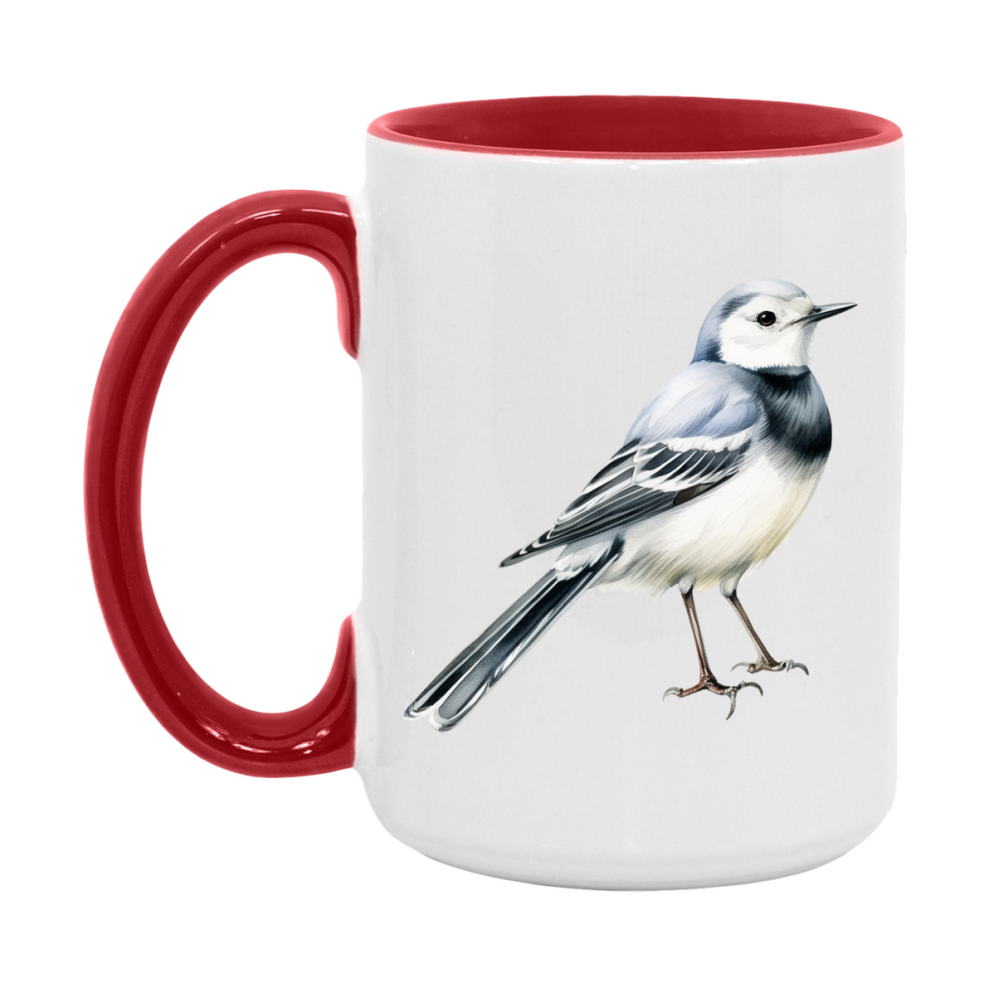 Bird Watching Mug, White Wagtail Song Bird Mug, 11oz or 15oz White Ceramic Coffee Mug Gift for Bird Watchers