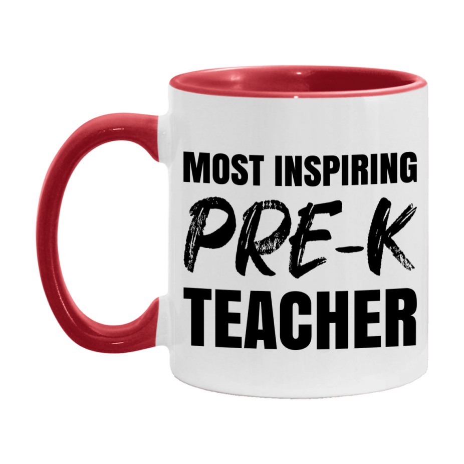 Teacher Superlative Mug, Most Inspiring Pre-K Teacher Gift, 11oz or 15oz White Ceramic Coffee Cup, Gift for Pre-K Teacher