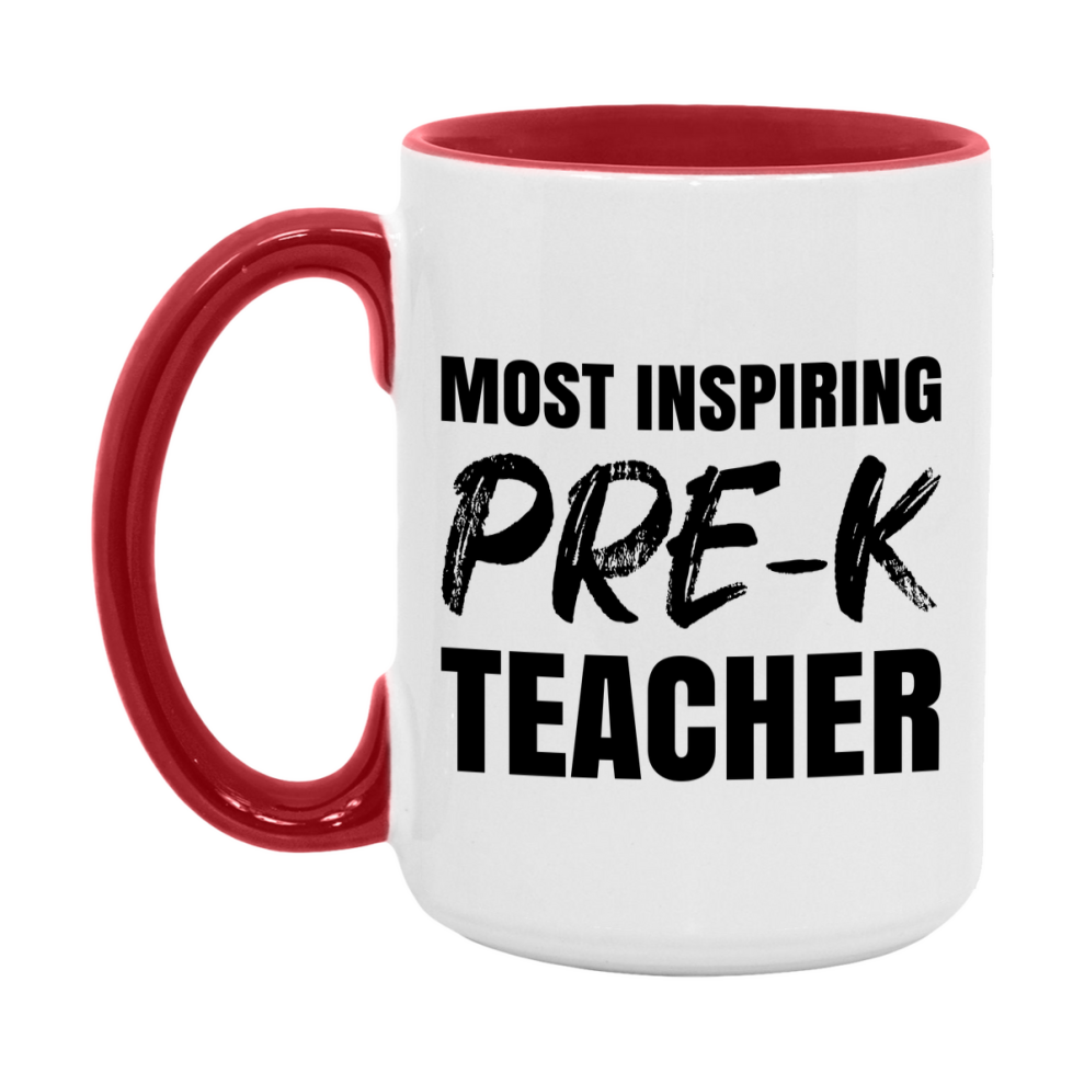 Teacher Superlative Mug, Most Inspiring Pre-K Teacher Gift, 11oz or 15oz White Ceramic Coffee Cup, Gift for Pre-K Teacher