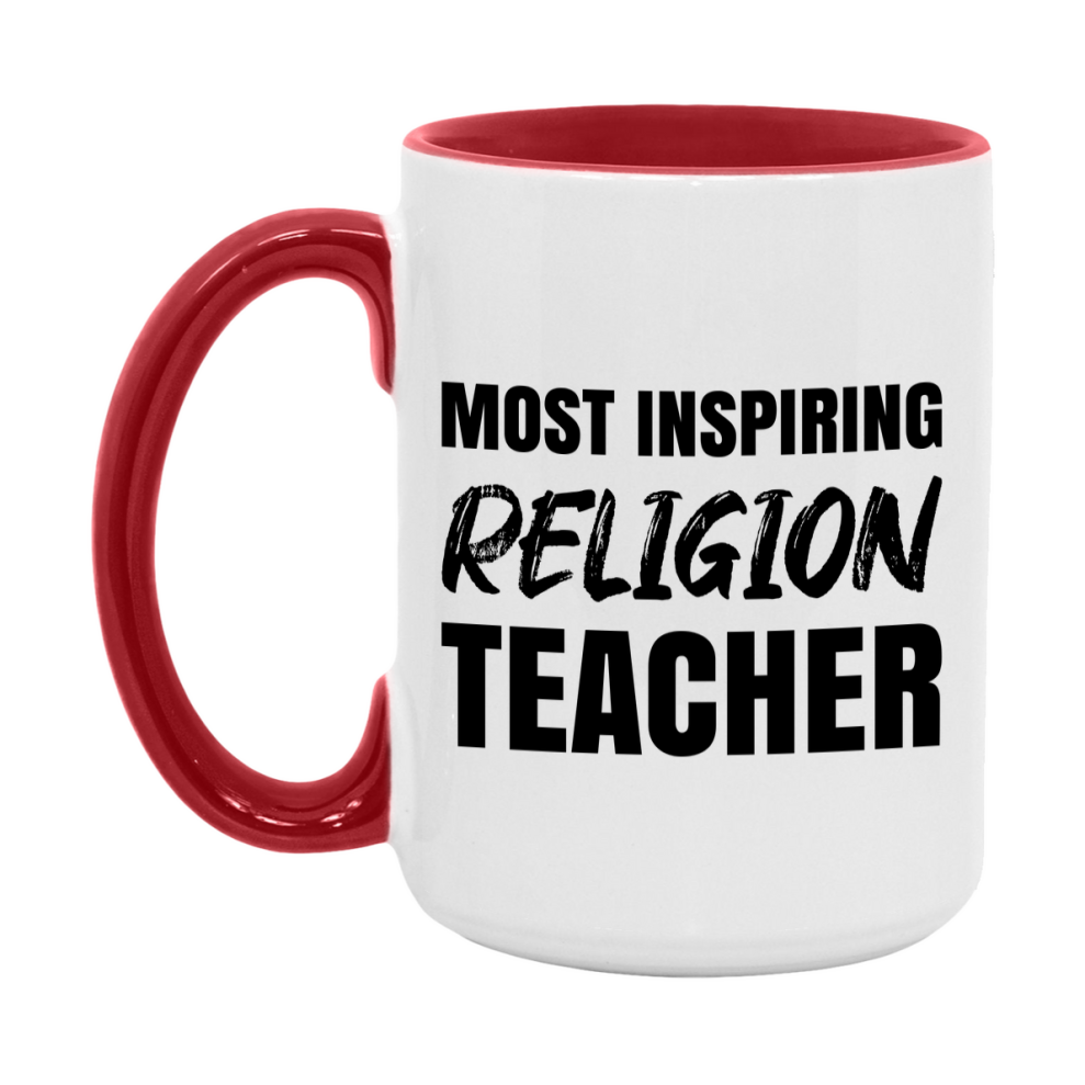 Teacher Superlative Mug, Most Inspiring Religion Teacher Gift, 11oz or 15oz White Ceramic Coffee Cup, Gift for Religion Teacher