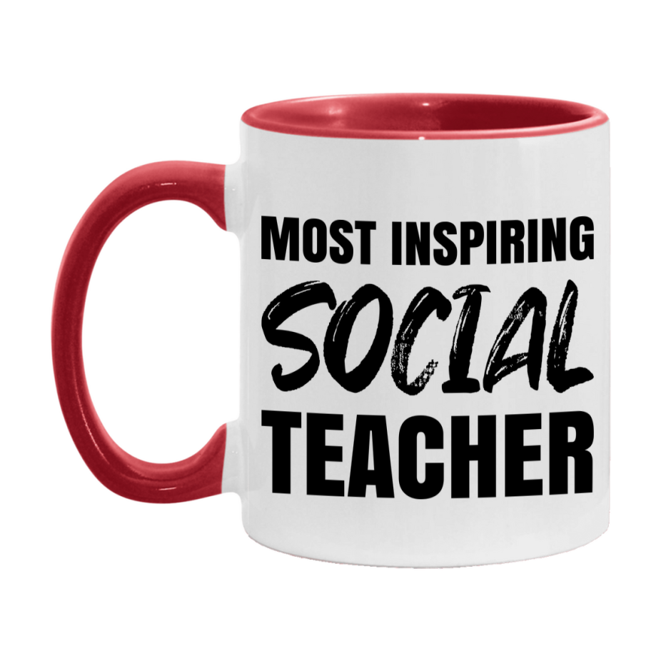 Teacher Superlative Mug, Most Inspiring Social Teacher Gift, 11oz or 15oz White Ceramic Coffee Cup, Gift for Social Teacher