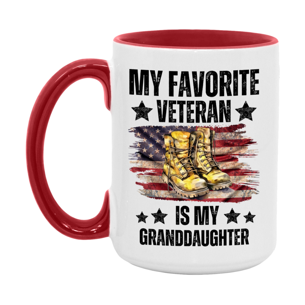 Veteran Gift Mug, My Favorite Veteran Is My Granddaughter, 11oz or 15oz Ceramic Coffee Cup Gift for Granddaughter